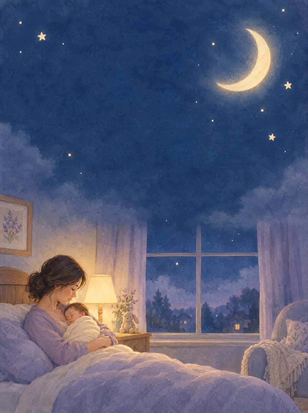 Mãe segurando o bebê no colo à noite, com a lua na janela